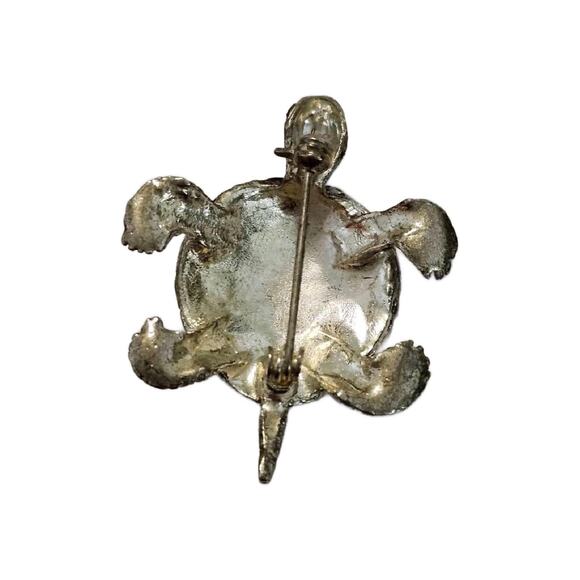 Vintage Silver Turtle Brooch with Crystal Accents, 2" Long - Picture 6 of 9